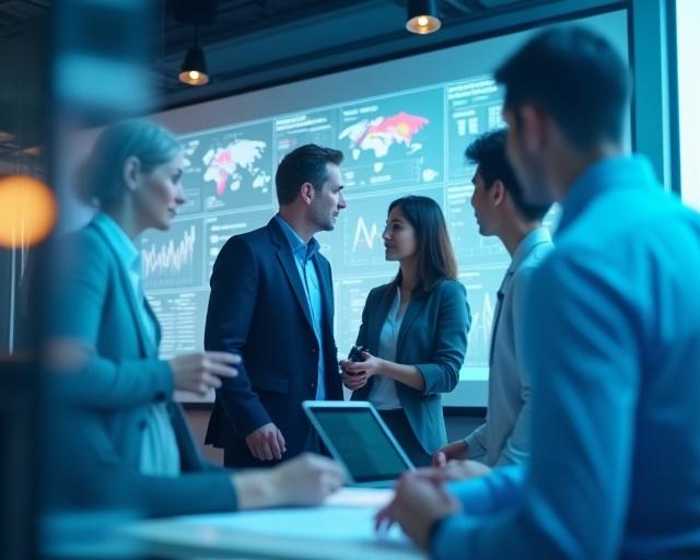 데이터 분석 화면을 보며 전략 회의를 하는 기하 안전 팀